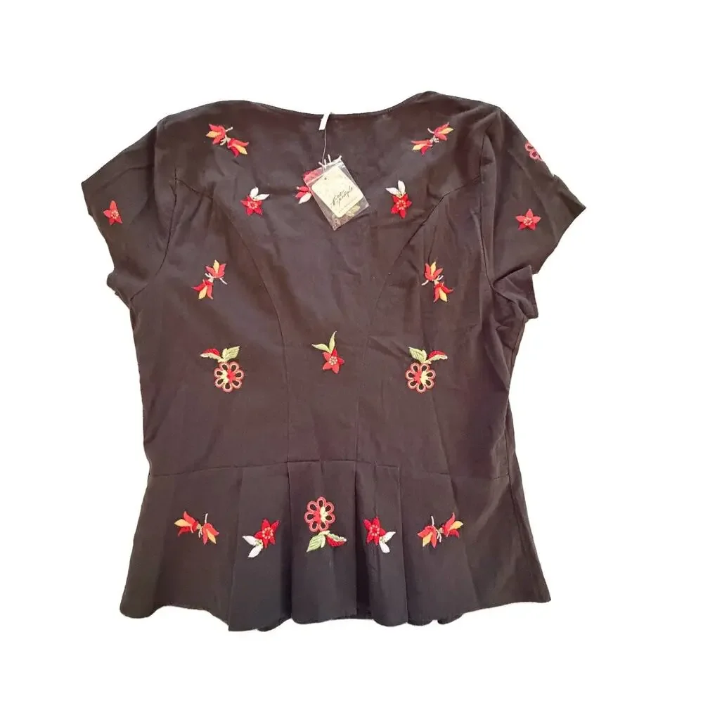 New Free People Kelly Black Floral Embroidered Button Detail Blouse XL $148 NWT